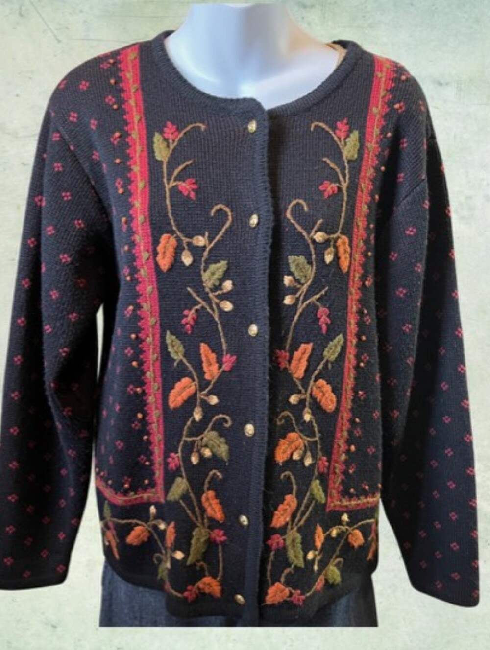 Vtg Crystal Kobe Cardigan Sweater Dark Academia Autumn Floral Stitchery Work S
